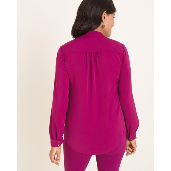 Chico's 1 or 8/10 Notched-Detail V-Neck Pullover Shirt Blouse Pink Long Sleeves - Picture 2 of 10